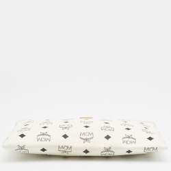 MCM White Vistos Coated Canvas And Leather Top Zip Pouch