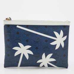 MCM Blue/White Printed Coated Canvas Zip Wristlet Clutch