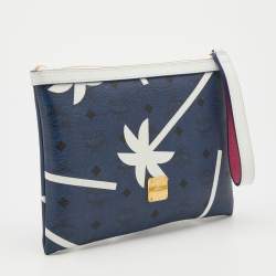 MCM Blue/White Printed Coated Canvas Zip Wristlet Clutch