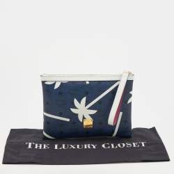 MCM Blue/White Printed Coated Canvas Zip Wristlet Clutch