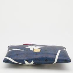 MCM Blue/White Printed Coated Canvas Zip Wristlet Clutch