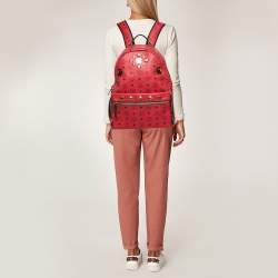 MCM Red Visetos Leather Stud Stark Backpack