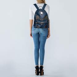 Pre Owned MCM Blue Visetos Coated Canvas and Leather Studs Backpack