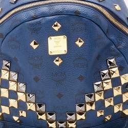 Pre Owned MCM Blue Visetos Coated Canvas and Leather Studs Backpack