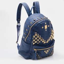 Pre Owned MCM Blue Visetos Coated Canvas and Leather Studs Backpack