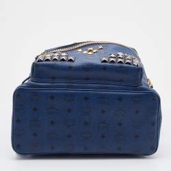 Pre Owned MCM Blue Visetos Coated Canvas and Leather Studs Backpack
