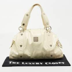 MCM Cream Crinkled Patent Leather Satchel