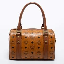 MCM Cognac Visetos Coated Canvas and Leather Front Pocket Boston Bag