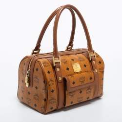 MCM Cognac Visetos Coated Canvas and Leather Front Pocket Boston Bag