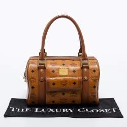 MCM Cognac Visetos Coated Canvas and Leather Front Pocket Boston Bag