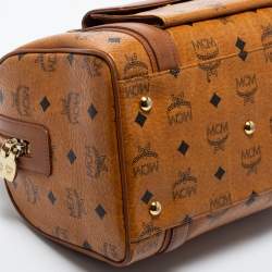 MCM Cognac Visetos Coated Canvas and Leather Front Pocket Boston Bag