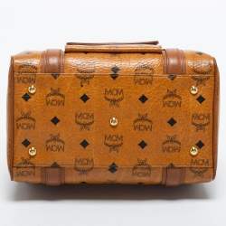 MCM Cognac Visetos Coated Canvas and Leather Front Pocket Boston Bag