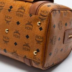 MCM Cognac Visetos Coated Canvas and Leather Front Pocket Boston Bag