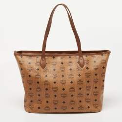 Pre Owned MCM Tan Striped Visetos Coated Canvas and Leather Shopper Tote