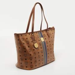 Pre Owned MCM Tan Striped Visetos Coated Canvas and Leather Shopper Tote