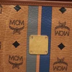 Pre Owned MCM Tan Striped Visetos Coated Canvas and Leather Shopper Tote