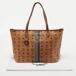 Pre Owned MCM Tan Striped Visetos Coated Canvas and Leather Shopper Tote