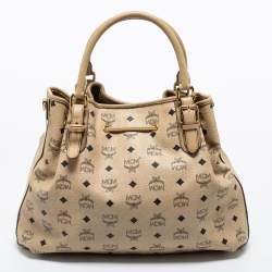 MCM Beige Visetos Coated Canvas and Leather Drawstring Tote