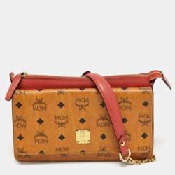 MCM Tan/Orange Visetos Coated Canvas and Leather Chain Crossbody Bag