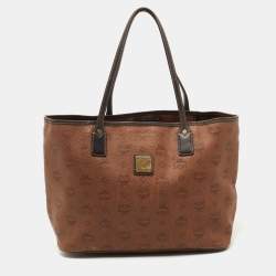 Authenticated MCM Visetos Brown Coated Canvas Fabric Baguette