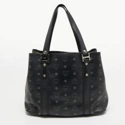 Pre Owned MCM Black Visetos Coated Canvas and Leather Shopper Tote