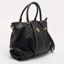 MCM Black Monogram Leather Top Zip Tote