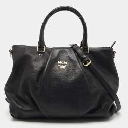 MCM Black Monogram Leather Top Zip Tote