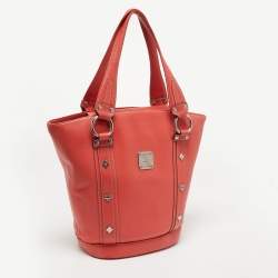 MCM Orange Pebbled Leather Studded Tote