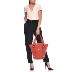 MCM Orange Pebbled Leather Studded Tote