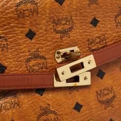Pre Owned MCM Cognac Visetos Coated Canvas and Leather Heritage Top Handle Bag