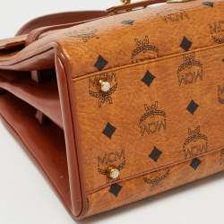 Pre Owned MCM Cognac Visetos Coated Canvas and Leather Heritage Top Handle Bag