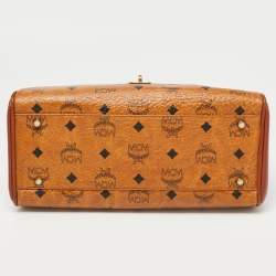 Pre Owned MCM Cognac Visetos Coated Canvas and Leather Heritage Top Handle Bag