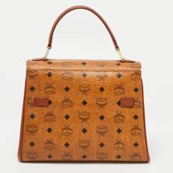 Pre Owned MCM Cognac Visetos Coated Canvas and Leather Heritage Top Handle Bag