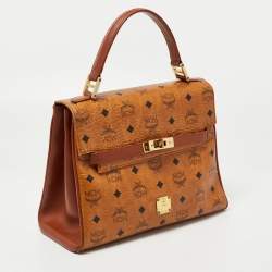 Pre Owned MCM Cognac Visetos Coated Canvas and Leather Heritage Top Handle Bag