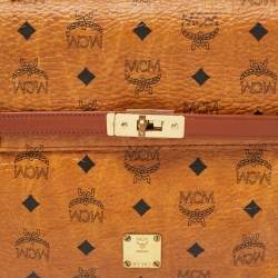 Pre Owned MCM Cognac Visetos Coated Canvas and Leather Heritage Top Handle Bag