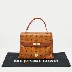 Pre Owned MCM Cognac Visetos Coated Canvas and Leather Heritage Top Handle Bag
