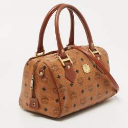 MCM Cognac Visetos Coated Canvas Boston Bag