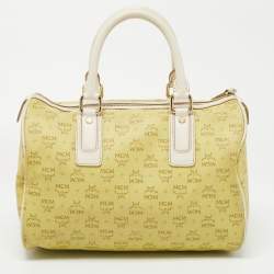 MCM Lime/White Visetos Coated Canvas and Leather Boston Bag