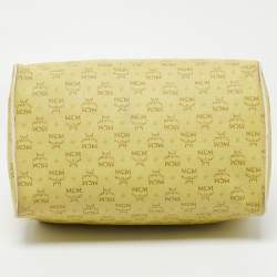 MCM Lime/White Visetos Coated Canvas and Leather Boston Bag