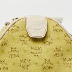 MCM Lime/White Visetos Coated Canvas and Leather Boston Bag