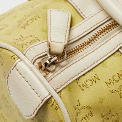 MCM Lime/White Visetos Coated Canvas and Leather Boston Bag