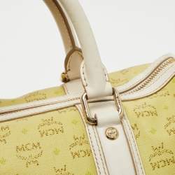 MCM Lime/White Visetos Coated Canvas and Leather Boston Bag