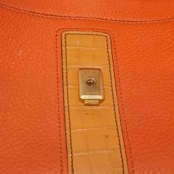 MCM Orange/Pink Croc Embossed and Leather Buckle Flap Top Handle Bag