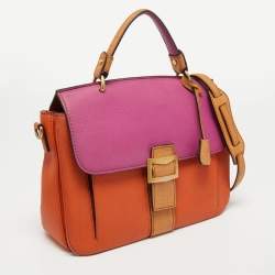 MCM Orange/Pink Croc Embossed and Leather Buckle Flap Top Handle Bag