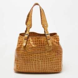 Pre Owned MCM Yellow Croc Embossed Patent Leather Shopper Tote