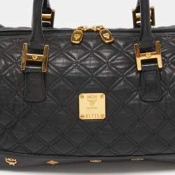 MCM Black Quilted Leather Embellished Boston Bag