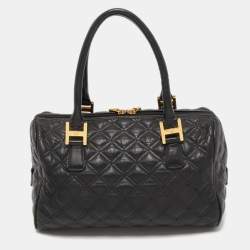 MCM Black Quilted Leather Embellished Boston Bag