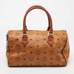 MCM Cognac Visetos Coated Canvas Heritage Boston Bag