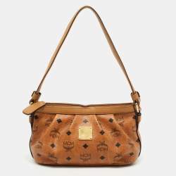 MCM Manhattan Monogram Visetos Satchel Buckle Pocket 872712 Cognac Coated  Canvas Shoulder Bag, MCM