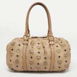 MCM Cognac Visetos Coated Canvas and Leather Boston Bag